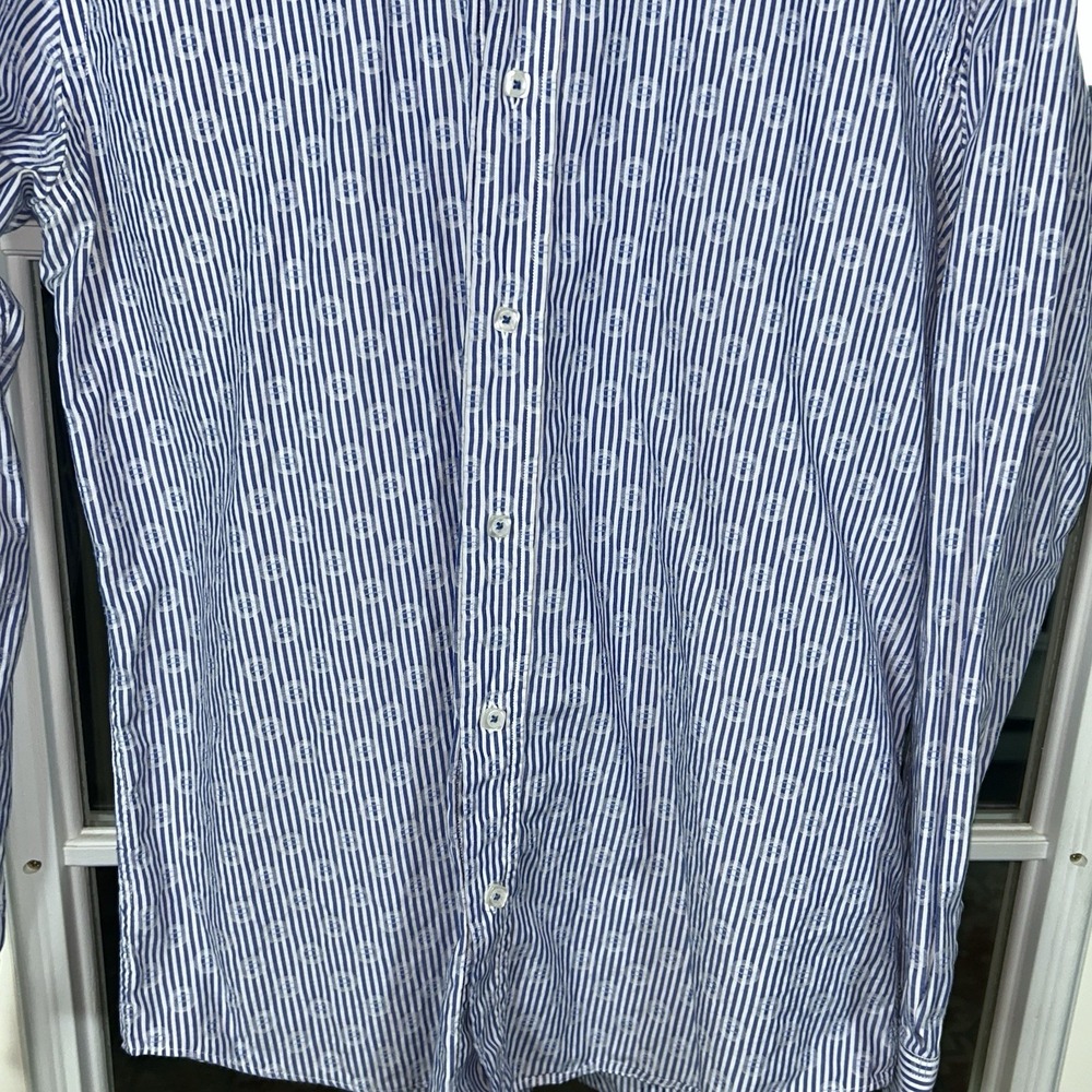 Bugatchi‎ Shaped Fit Blue White Stripe Medallion Print Dress Shirt Men's Medium - Picture 5 of 16